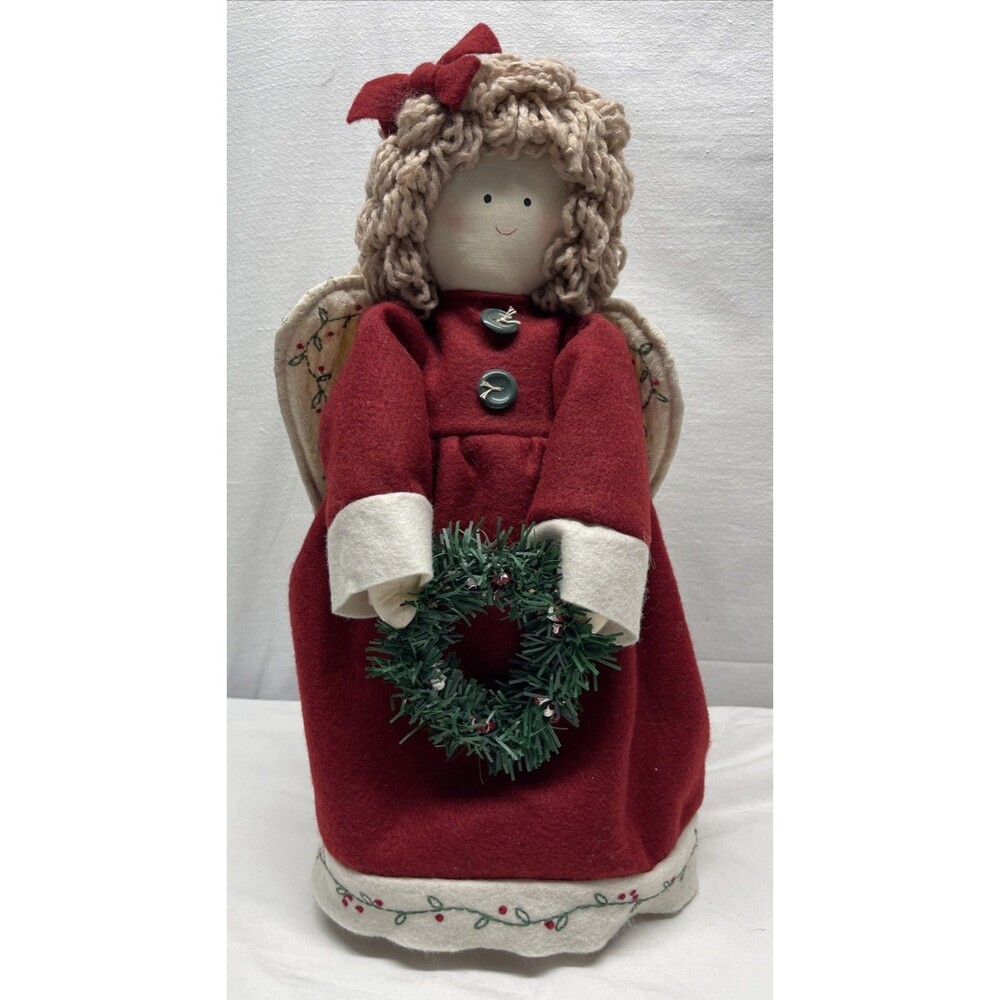Vintage 90's Holiday Weighted Angel w/ Wreath Fabric Yarn Embroidered Wings 17"